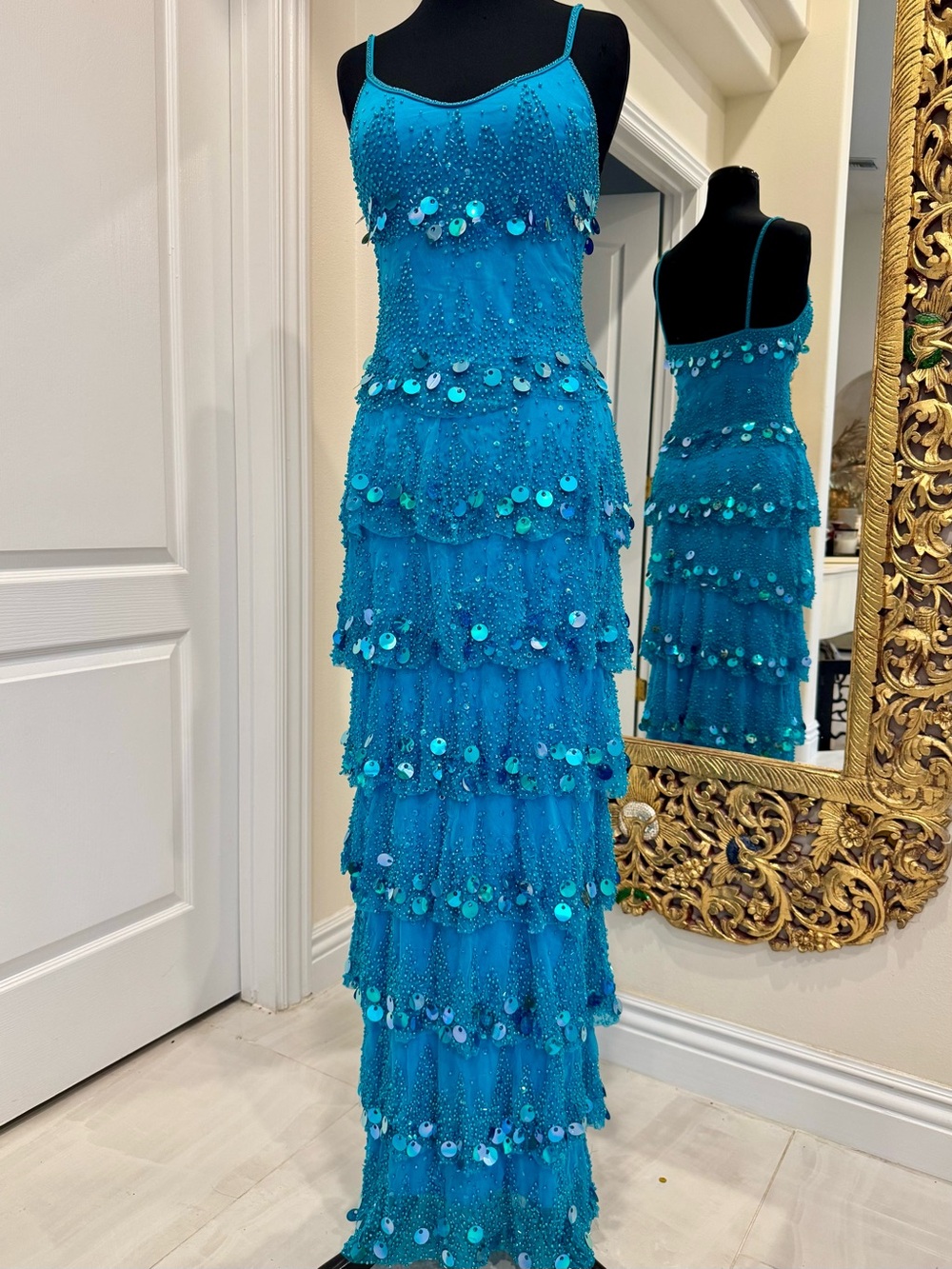 Turquoise hand beaded Sequin Tiered Slip Dress Power mesh stretch fabric size XS